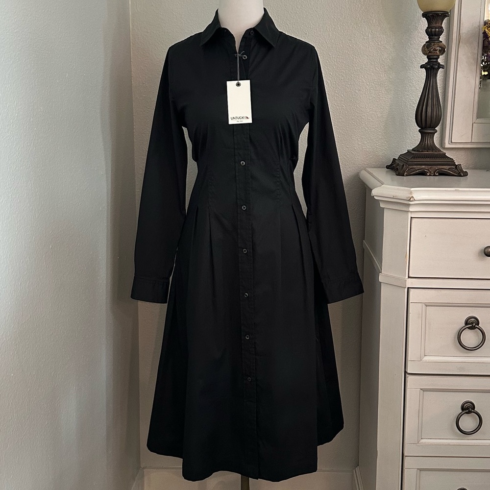 Untuckit Milan Stretch Cotton Button Up Dress‎ Black Office Travel Casual Size 6 - Picture 2 of 16